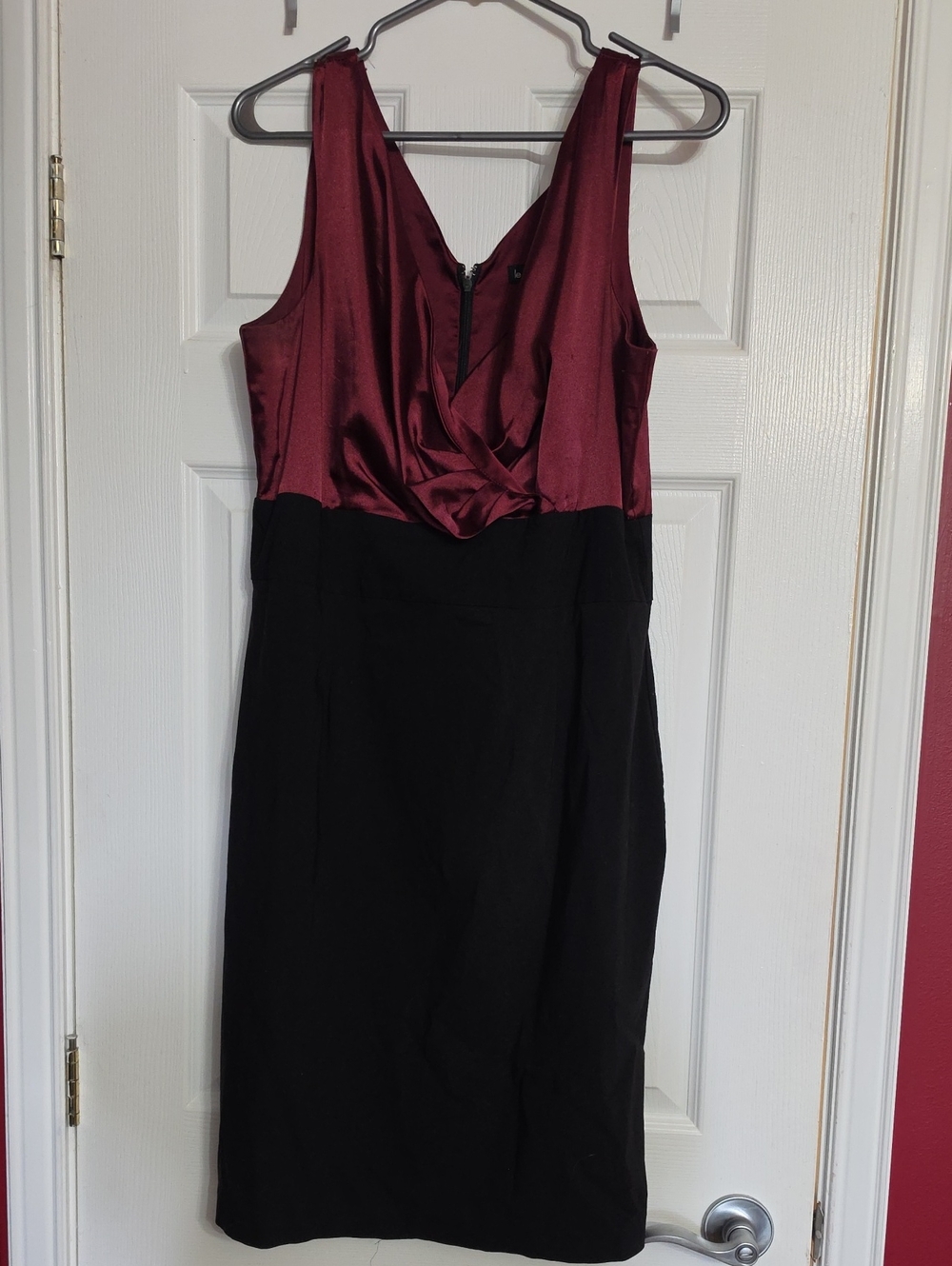 le chateau Burgundy and Black Satin-Top Midi Dress